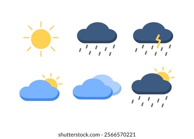 Weather icon set. Sun, raining cloud, thunder. Natural, climate, forecast concepts. Flat vector design isolated illustration.