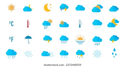 Weather icon set. Sunny, cloudy, rainy, stormy, hot degrees sun. Seasons. Vector illustration on black background