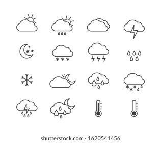 Weather icon set for sunny, rainy and snowy day and night isolated on white background. Line art of storm or rain forecast - flat vector illustration.