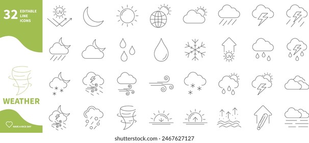 Conjunto de iconos de Clima. Símbolos de previsión de lluvia, viento, sol, clima y Clima.