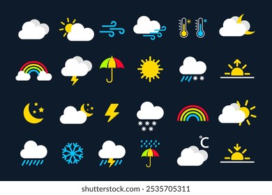 Weather icon set. Temperature climate signs. Sun, cloud, snow, rain in flat design style. Weather forecast summer and winter, day, night.
Vector illustration.