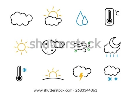 weather icon set with temperature, sun, rain, snow, cloud, humidity, storm, summer, winter, spring, cloudy seasons . eps 10