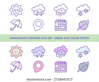 Conjunto de iconos de Clima. Ilustración de línea delgada de Elementos de Clima que incluyen sol, nube, lluvia, nieve, paraguas, mapa, calendario y hoja, pictograma de pronóstico, estaciones y condiciones climáticas.