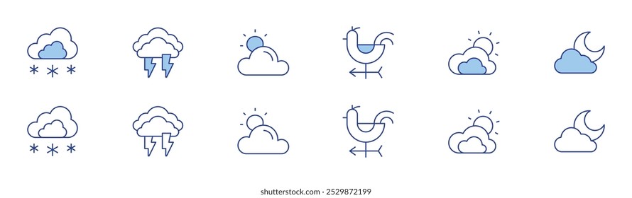 Weather icon set in two styles, Duotone and Thin Line style. Editable stroke. wind signal, snowing, thunder, weather, cloudy, cloudy night.