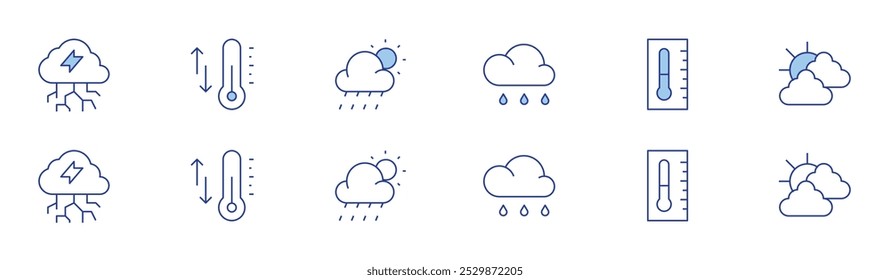 Weather icon set in two styles, Duotone and Thin Line style. Editable stroke. storm, temperature, rainy day, rainy, thermometer, weather.