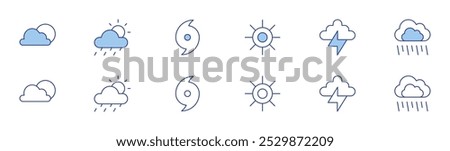 Weather icon set in two styles, Duotone and Thin Line style. Editable stroke. cloudy, sun, thunder, hurricane, rain.