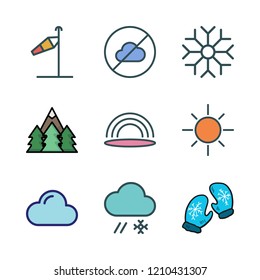 weather icon set. vector set about wind sign, forest, cloud and mitten icons set.