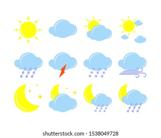 Weather icon set. Vector illustration. Sun, cloud, rain, snow, storm, wind, night, moon, stas, lightning cloudy Template for website app tag lable sticker print Flat
