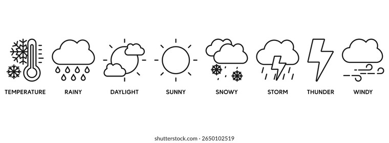 Ícone de tempo definir conceito de ilustração vetorial relacionar com temperatura, chuvoso, luz do dia, ensolarado, nevado, tempestade, trovão, vento