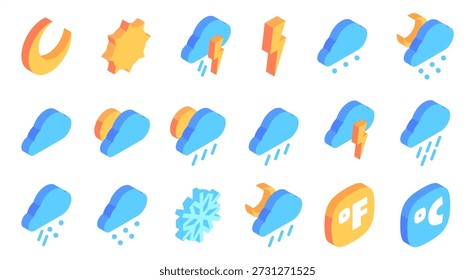 Weather icon set. Vector isolated sun, moon and rain, snow and thunderstorm cloud, lightning symbol and temperature indicators in Celsius and Fahrenheit. Meteorology symbols for forecast