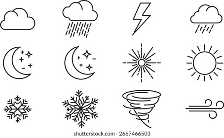 Wetter-Symbol-Set Vektor Minimal Line Art Symbole von Sonne Regen Schneewind und Sturm