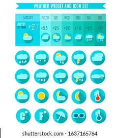 Weather Icon Set. Weater Widget. Weather Forecast.Blue Colors. Vector Illustration