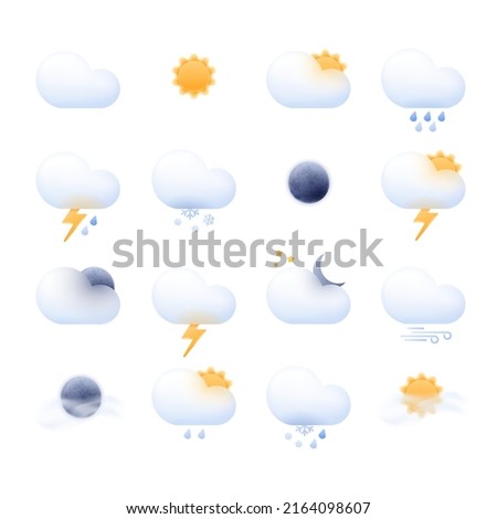 Weather icon set for a website or mobile app UI. Bright realistic 3d modern glass morphism design in vector isolated on white background.