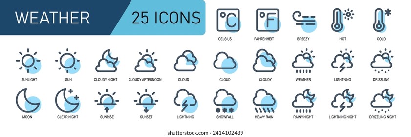 Das Wettersymbol set.full line style.full wind,sturm,wetter,wolke,regen,celsius,fahrenheit,sonnenuntergang,sinrise.vektorgrafik.geeignet für Wettervorhersage.
