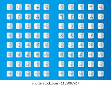 Weather Icon Set.Weather icon set inside a square button.Icon with jelly and transparent border.Round button icon in half-folded form.