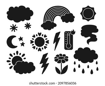 Weather icon or stamp set. Silhouette sun and clouds, rain snow, lightning, moon, star, thermometer flower. Hand drawn climate meteorological infographic sign. Funny nature weather stencil collection