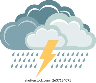 Weather Icon with Storm Cloud, Lightning Bolt, and Raindrops — Flat Design on White Background