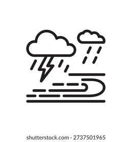 Weather icon stormy clouds with rain and lightning bolt and strong winds