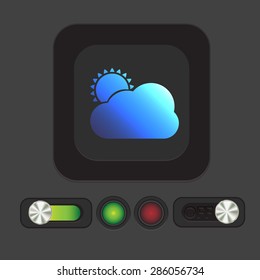 weather icon, sun behind the cloud with rain. 