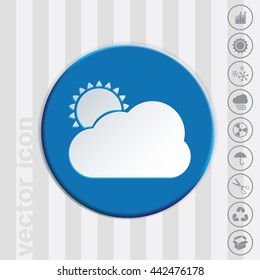 weather icon, sun behind the cloud with rain. 