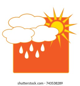 Weather icon with sun and clouds with rain drops and orange square.