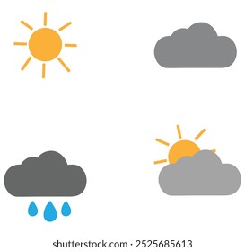 Clima, sol, nublado, lluvia, Vector de tormenta
