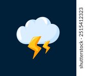 Weather icon of thunderstorm cloud with Lightning in cartoon style on a dark blue background.