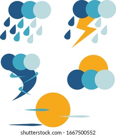 Weather icon in the tropics especially those that often occur in Indonesia. Rain, Rain accompanied by lightning, a tornado, sunny and cloudy weather
