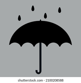 Weather icon vector. Grey sky background with black umbrella and raindrops. Bad weather and seasonal weather icon. 