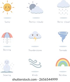 Conjunto de colección de Ilustración vectorial de ícono de Clima. Serie de dibujos animados soleados, lluviosos, nublados, tornados, nevando, lindo en transparente para el activo, material, aplicación, Sitio web