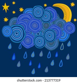 Weather icon, vector illustration of a night rainy cloud, stars and the Moon. 