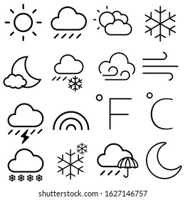 
Weather icon vector set. Contains symbols of the sun, clouds, snowflakes, wind, rainbow, moon and much more.