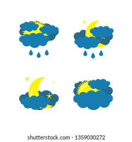 Weather icon. The vectors icon of the Moon, Sun, Moon with clouds and rain, Sun with clouds and rain on a white background. Vector illustration. Vector