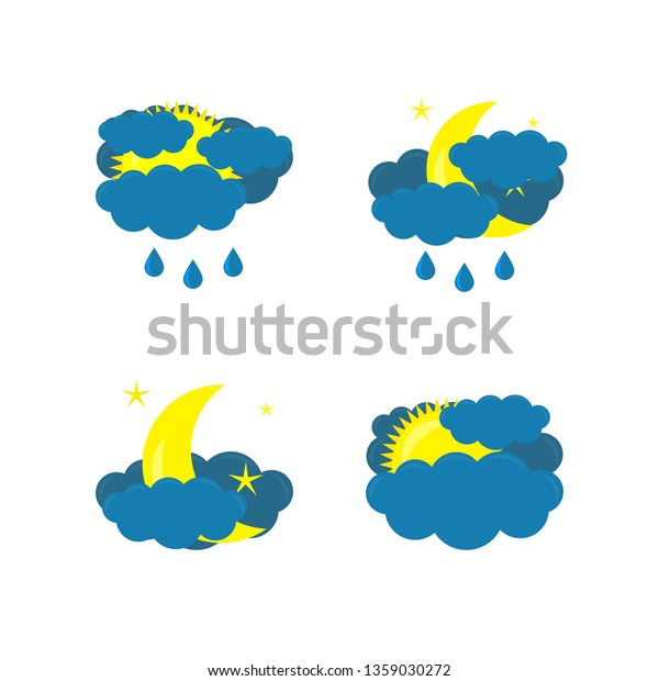 Weather icon. The vectors icon of\
the Moon, Sun, Moon with clouds and rain, Sun with clouds and rain\
on a white background. Vector illustration.\
Vector