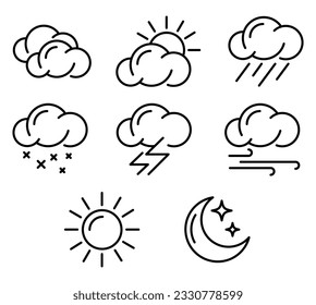 Icon_Set del Clima - Cludy, Parcialmente Soleado, Lluvia, Nieve, Trueno; Viento, Sunny, Cielo Nocturno Claro