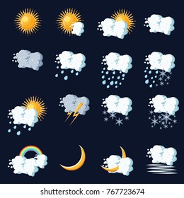 Weather icons in cartoon style on dark blue background. Flat vector illustration. 