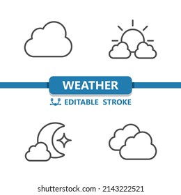 Wettersymbole. Wolke, Wolke, Wolken, Sonne, Mond. Professionelle, Pixel perfekte Symbole. EPS10-Format. Bearbeitbarer Stroke.