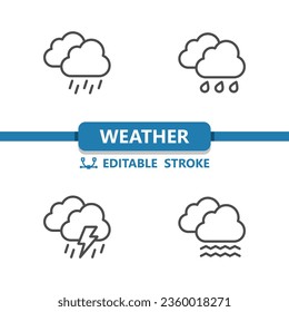 Wettersymbole. Wolke, Regen, Regen, Blitzschlag, Sturm, Nebel. Professionelle, Pixel perfekte Symbole. EPS10-Format. Bearbeitbarer Stroke.