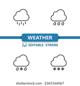Weather Icons. Cloud, Rain, Raining, Sleet, Snow, Snowing Vector Icon. Editable Stroke.