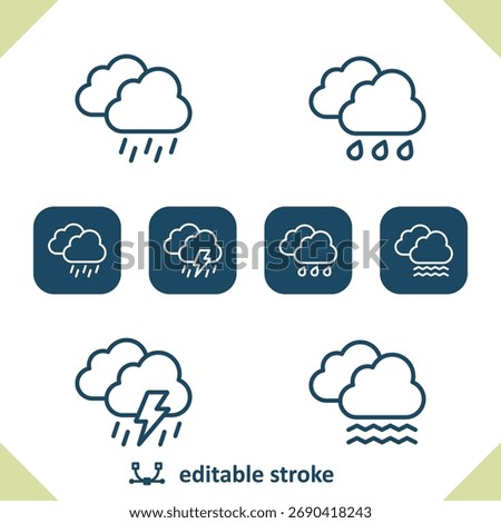 Weather Icons. Cloud, Rain, Raining, Lightning Bolt, Storm, Fog. Professional, pixel perfect icons. EPS 10 format. Editable Stroke.