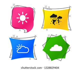 Weather icons. Cloud and sun signs. Storm or thunderstorm with lightning symbol. Gale hurricane. Geometric colorful tags. Banners with flat icons. Trendy design. Vector