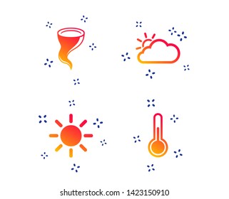 Weather icons. Cloud and sun signs. Storm symbol. Thermometer temperature sign. Random dynamic shapes. Gradient weather icon. Vector