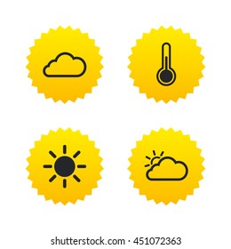 Weather icons. Cloud and sun signs. Thermometer temperature symbol. Yellow stars labels with flat icons. Vector