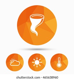 Weather icons. Cloud and sun signs. Storm symbol. Thermometer temperature sign. Triangular low poly buttons with shadow. Vector