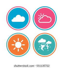 Weather icons. Cloud and sun signs. Storm or thunderstorm with lightning symbol. Gale hurricane. Colored circle buttons. Vector