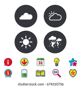 Weather icons. Cloud and sun signs. Storm or thunderstorm with lightning symbol. Gale hurricane. Calendar, Information and Download signs. Stars, Award and Book icons. Light bulb, Shield and Search