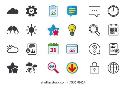 Weather icons. Cloud and sun signs. Storm or thunderstorm with lightning symbol. Gale hurricane. Chat, Report and Calendar signs. Stars, Statistics and Download icons. Question, Clock and Globe