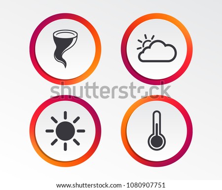 Weather icons. Cloud and sun signs. Storm symbol. Thermometer temperature sign. Infographic design buttons. Circle templates. Vector