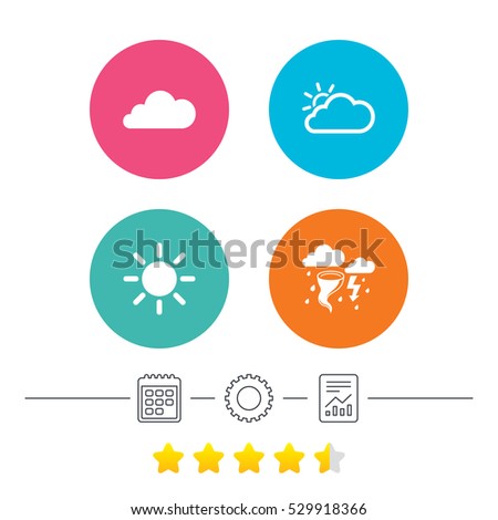 Weather icons. Cloud and sun signs. Storm or thunderstorm with lightning symbol. Gale hurricane. Calendar, cogwheel and report linear icons. Star vote ranking. Vector