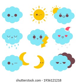 Weather Icons With Cloud And Sun Vector Cartoon Set Isolated On A White Background.